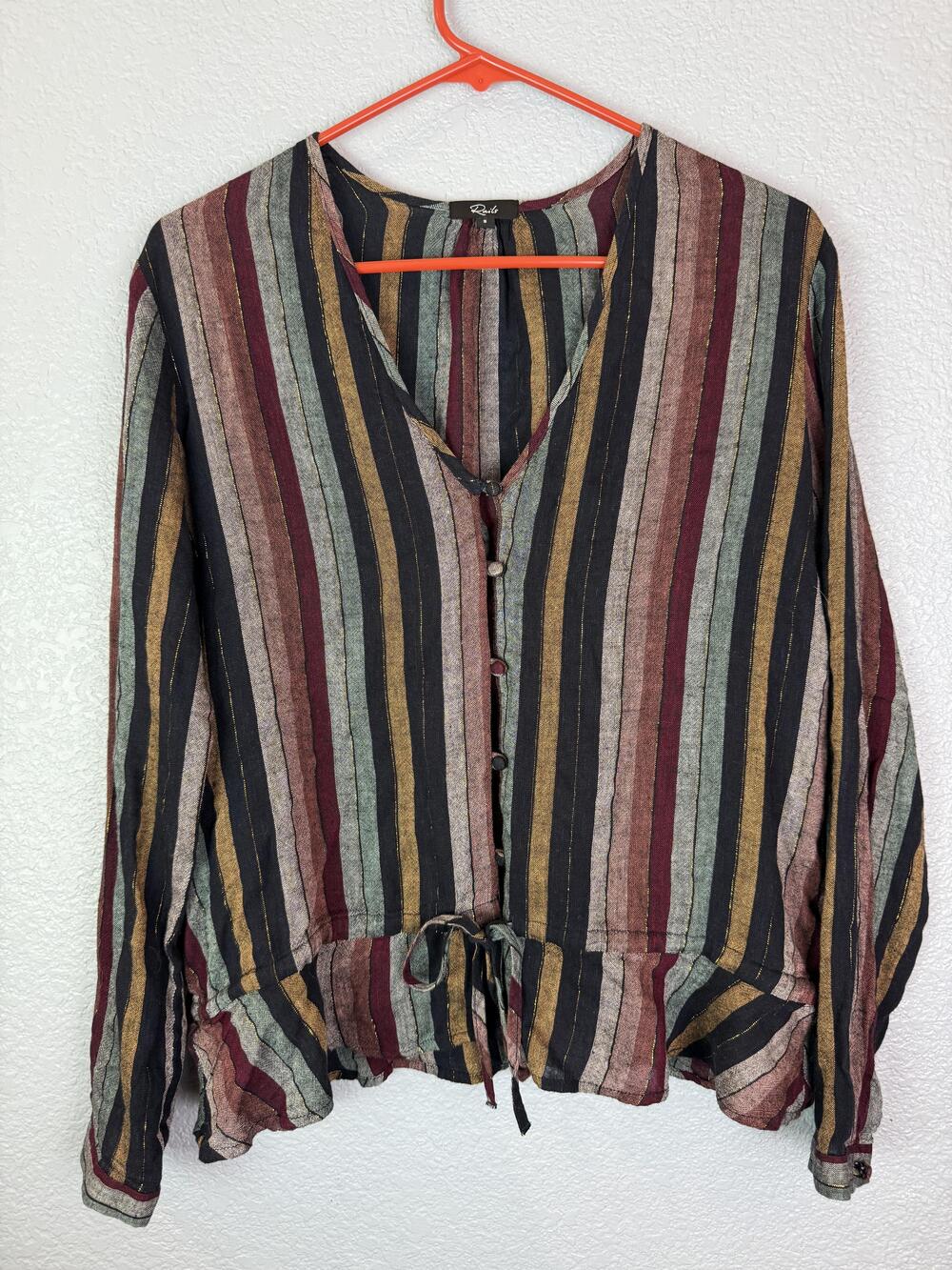 Rails Shirt Womens Small Multicolor Varadero Stripe Linen Blend Button Tie Hem